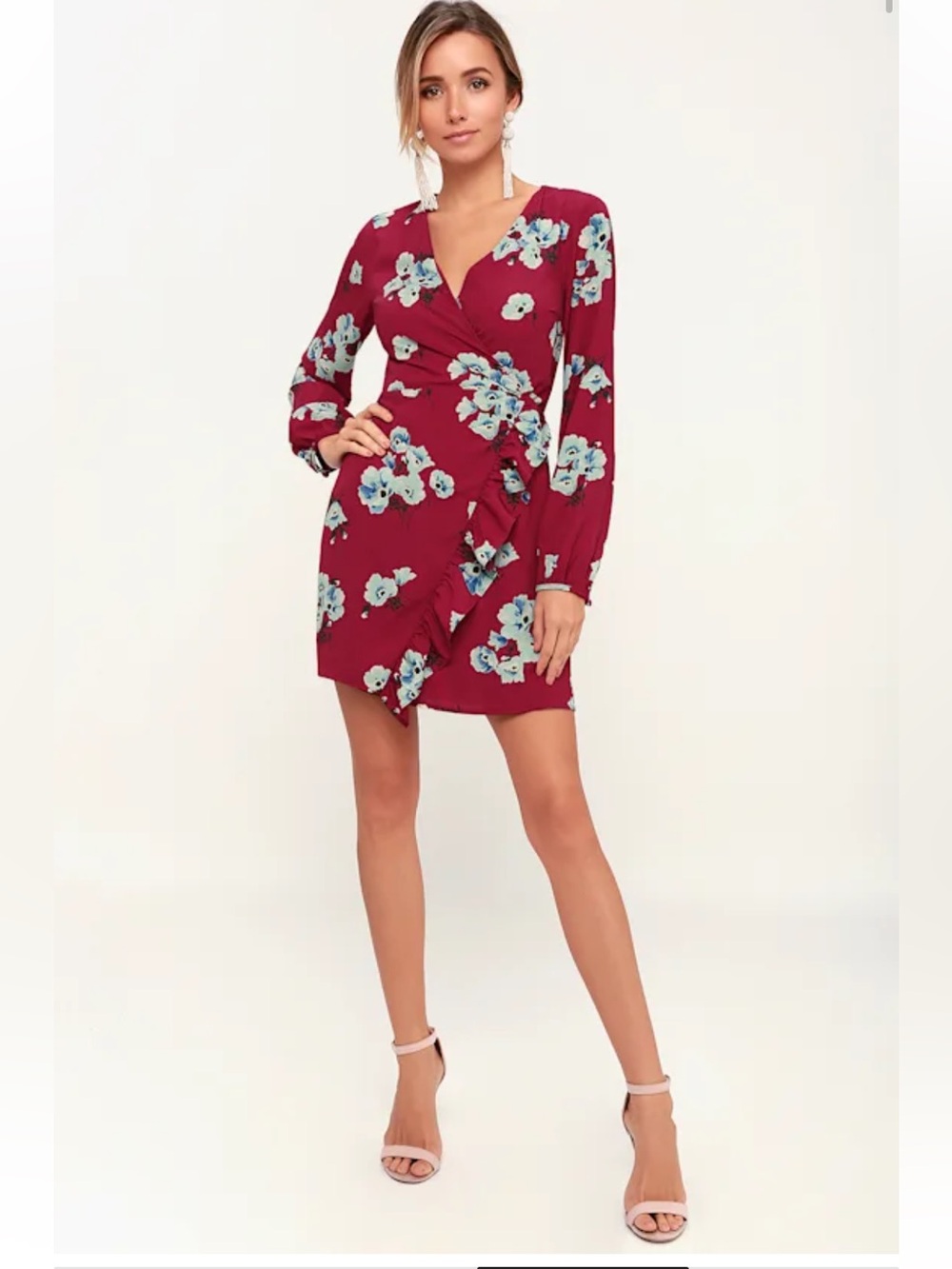 Lulus Fascinating Fun Burgundy Floral Print Long Sleeve Wrap Dress Medium